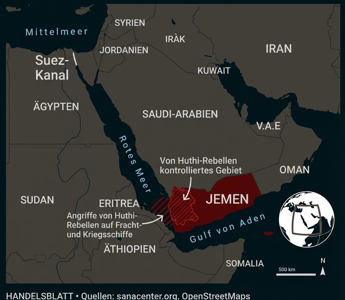 Karte: Jemen und Umgebung, markiertes Huthi-kontrolliertes Gebiet, Golf von Aden, Rotes Meer und Suezkanal